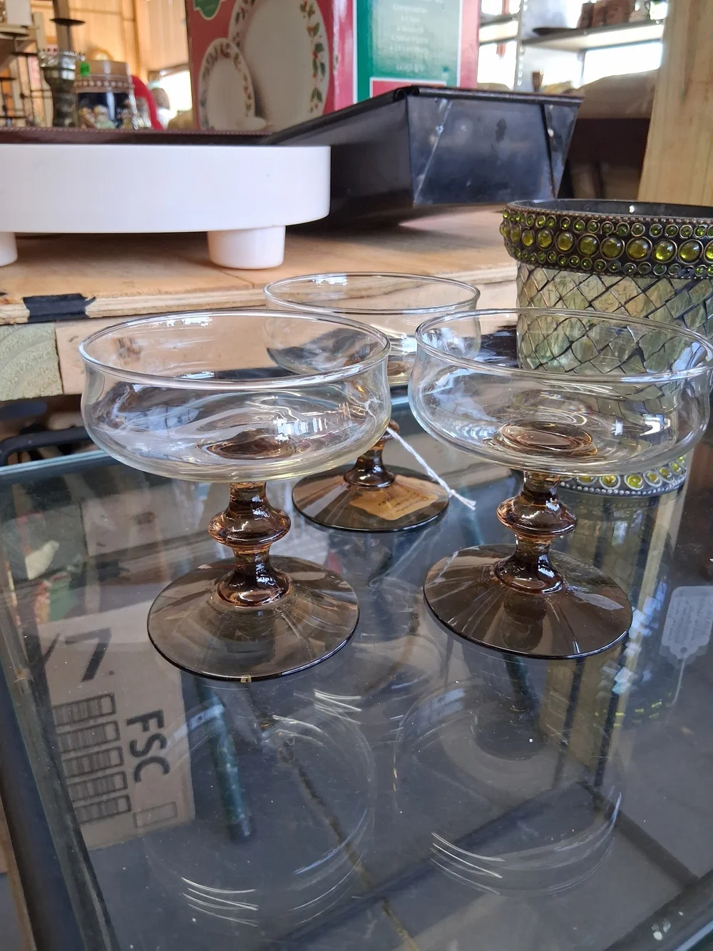 Amber Stemmed Glass Dessert Coupe - Set of 3